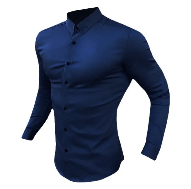 Men\'s Long Sleeve Super Slim Fit Plain Casual Shirt Spring Autumn Winter High Quality Turn Down Collar Business Dress Shirt Men