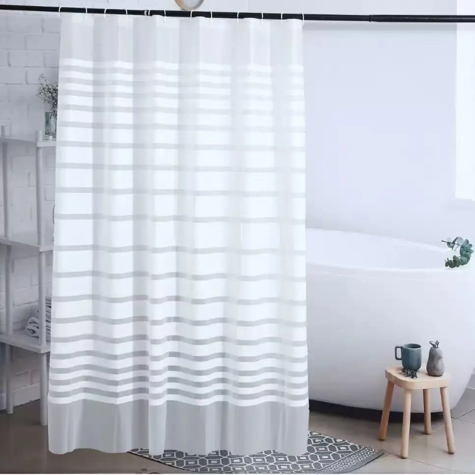 Premium PEVA Bath Curtain White  Horizontal Stripes, Easy Install &  Resistant Waterproof Rust-Proof Grommets  for Modern Minima