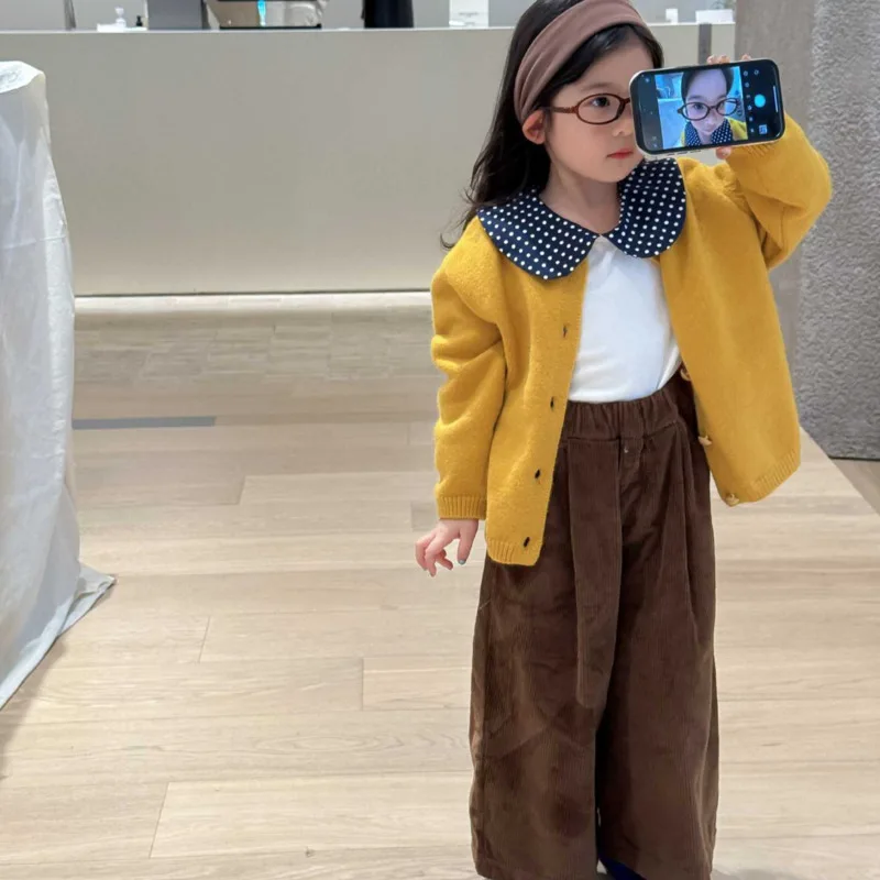 

2025 Autumn Winter Cotton Girl Children Clothes Cute Yellow Round Neck Sweater Cardigan Coat Jacket 3y-12y Outfit Coat Kids