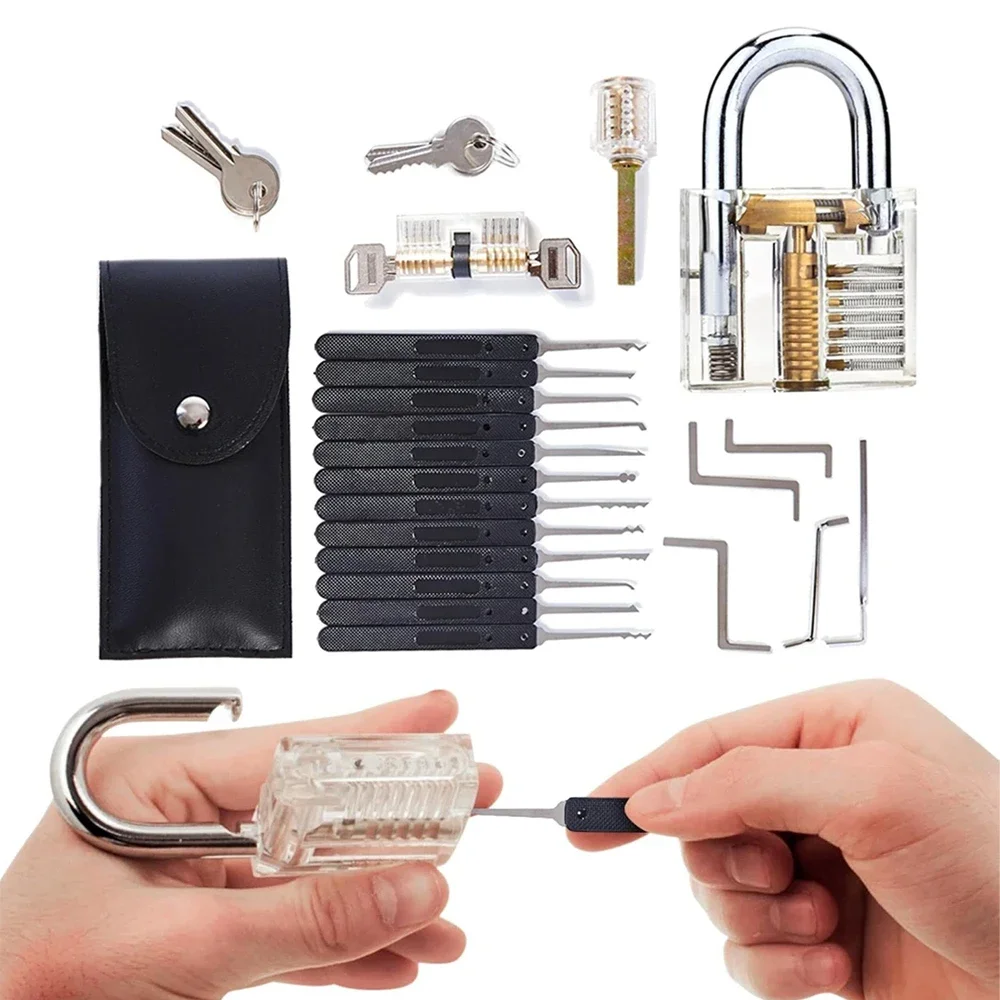 30in1 Set Multifunctional Lock Tool Picking Kit with Transparent Locks & Keys Waterproof Metal Tubular Wrench Hook Raining Tools