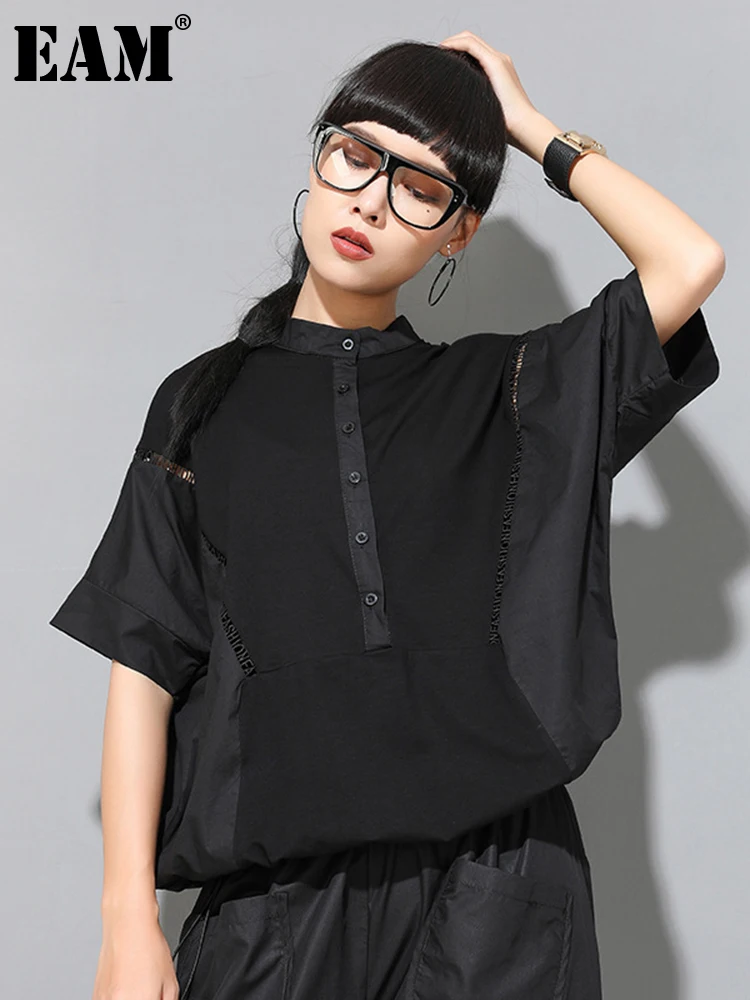 [EAM] Women Black Color-block Big Size T-shirt New Stand Collar Half Batwing Sleeve Fashion Tide Spring Summer 2024 1DE9318