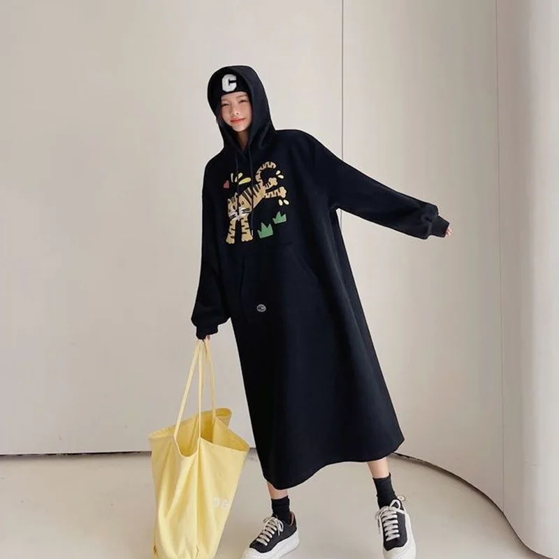 Oversized Fleece Sweatshirts Dresses Autumn Winter Fashion Korean Cartoon Hoodies Casual Dresses Women Clothes Loose Long Dress