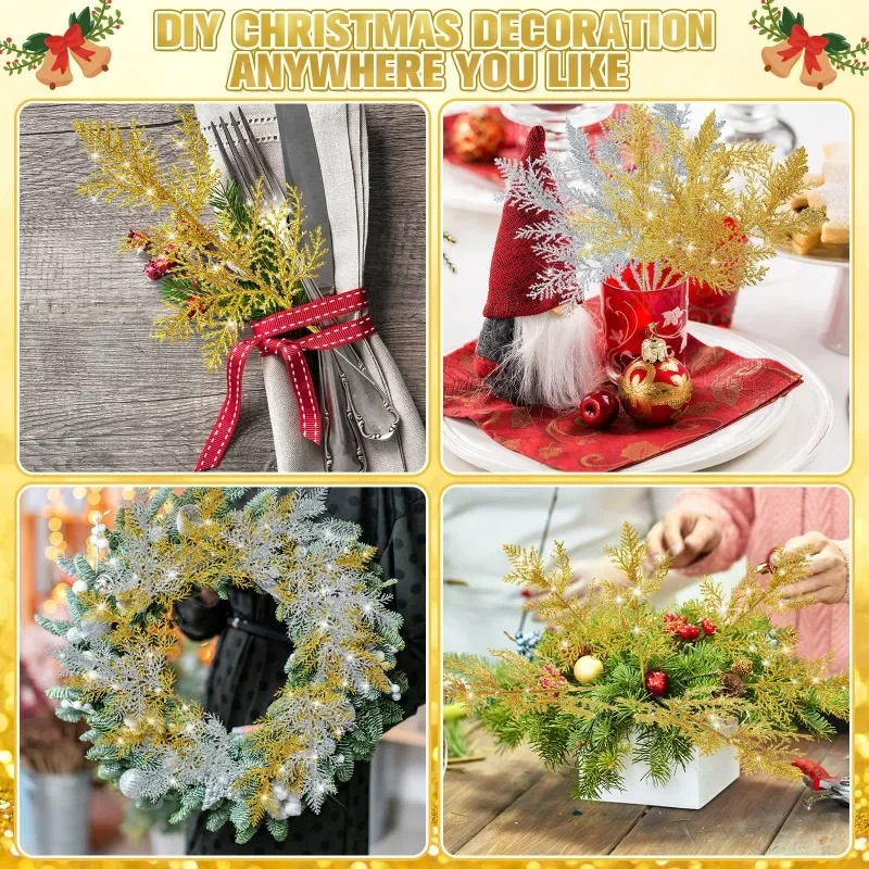 1-10pcs Artificial Pine Branches Xmas Tree Ornaments Glitter Gold Sequin Leaves Fake Plants Christmas Party Home Decor Supplies