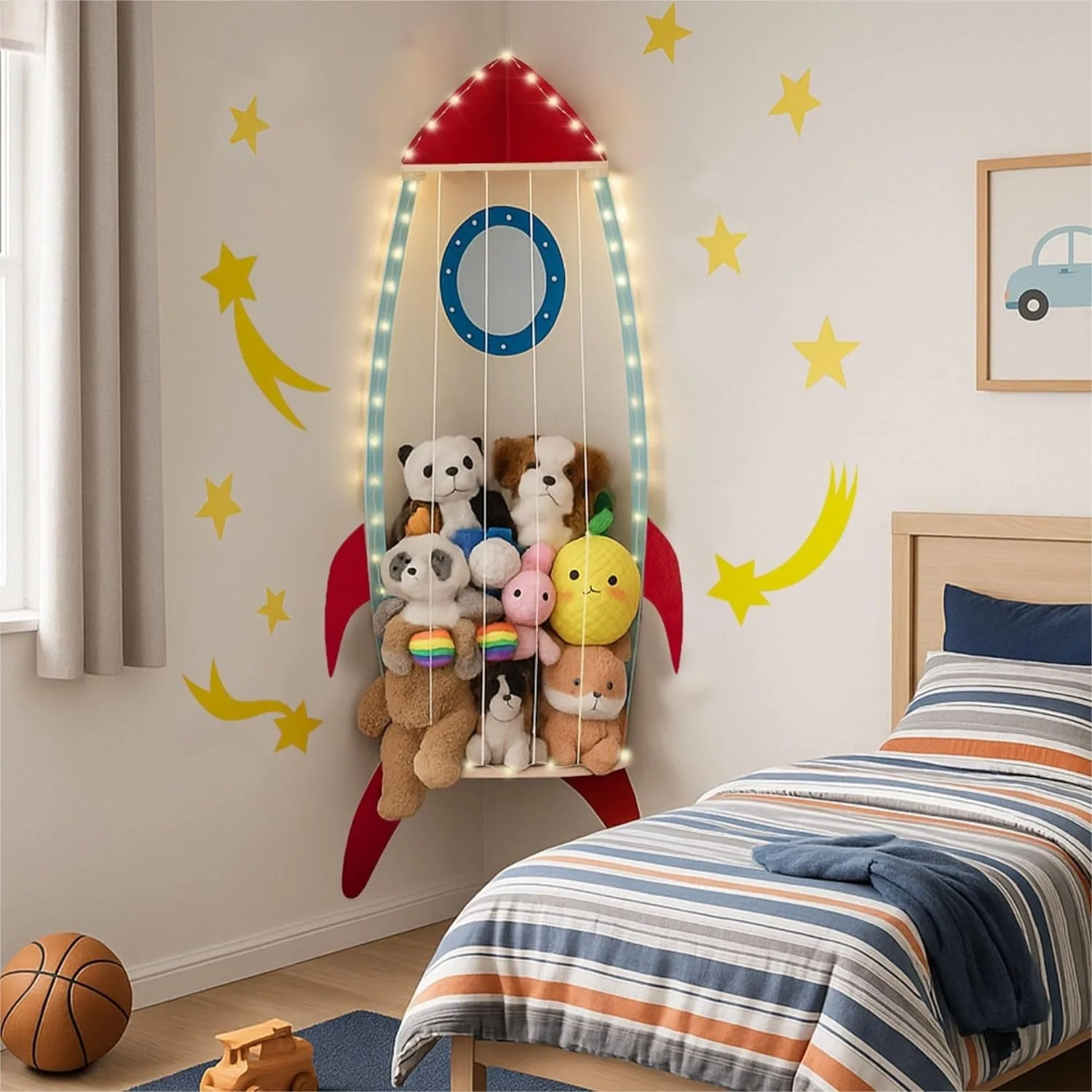 

Wall Mounted Nursery Organizer for Stuffed Animals, Corner Plush Storage with Adjustable Height, Space-Saving Baby Room Solution