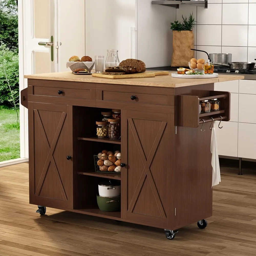 

"Mobile Brown Wooden Kitchen Island with Drop Leaf Breakfast Bar and Barn Door Style"