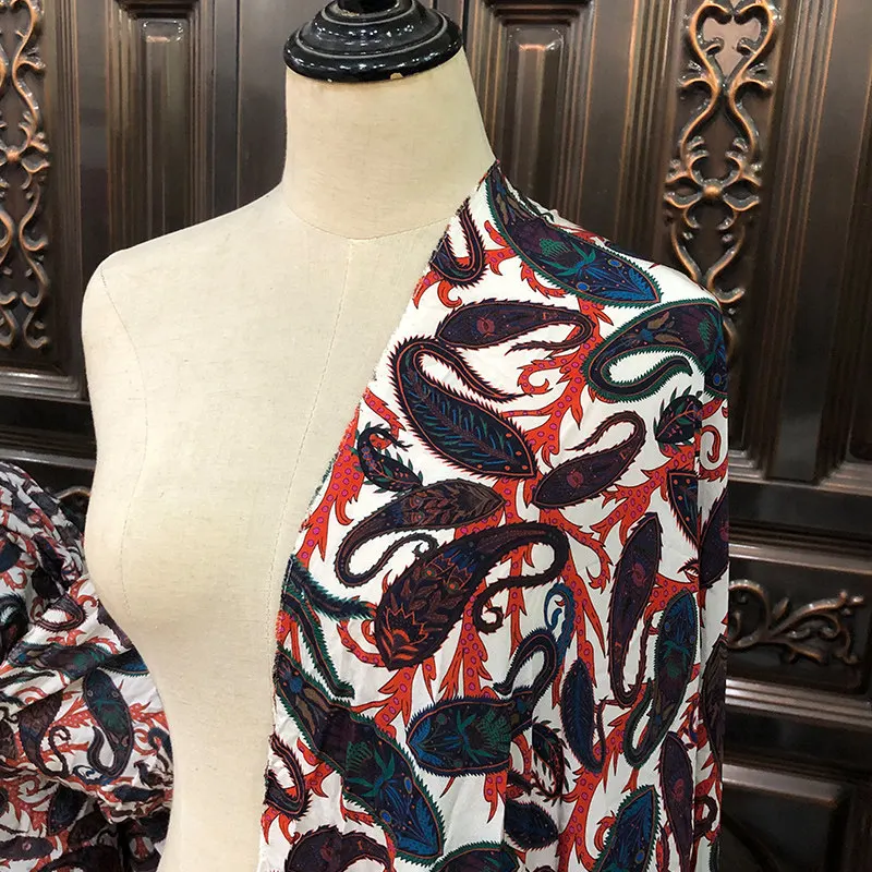 

1 meter 100% Mulberry Silk 17 momme Crepe Silk Fabric White Classic Cashew Printed 140cm 55" wide by the yard CY083