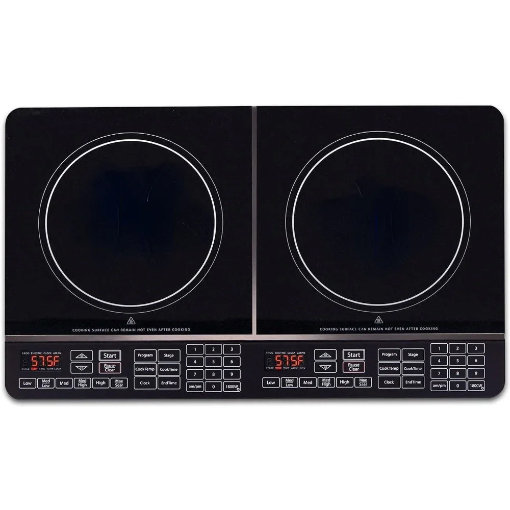 Double Induction Cooktop, Powerful 1800W, 2 Large 8” Heating Coils, Independent Controls, 94 Temp Settings