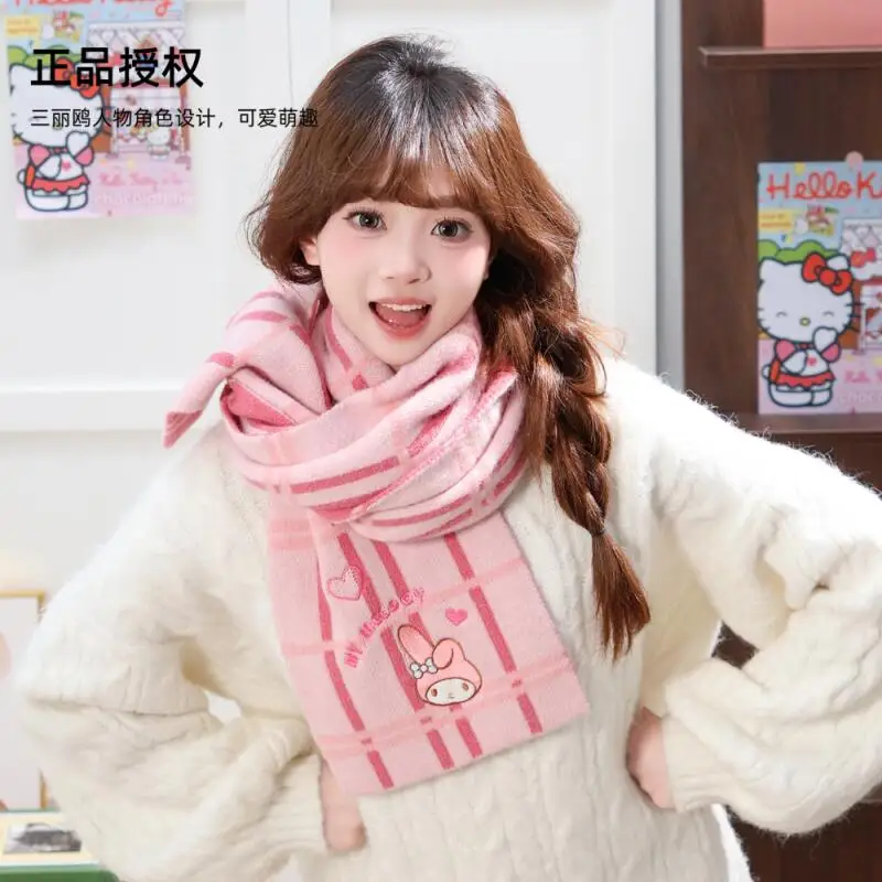 Bufanda Cinnamoroll, bufanda de Hello Kitty, estilo dulce, chica de dibujos animados, estudiante, estilo de invierno al aire libre, bufanda gruesa para mantener el calor a prueba de viento