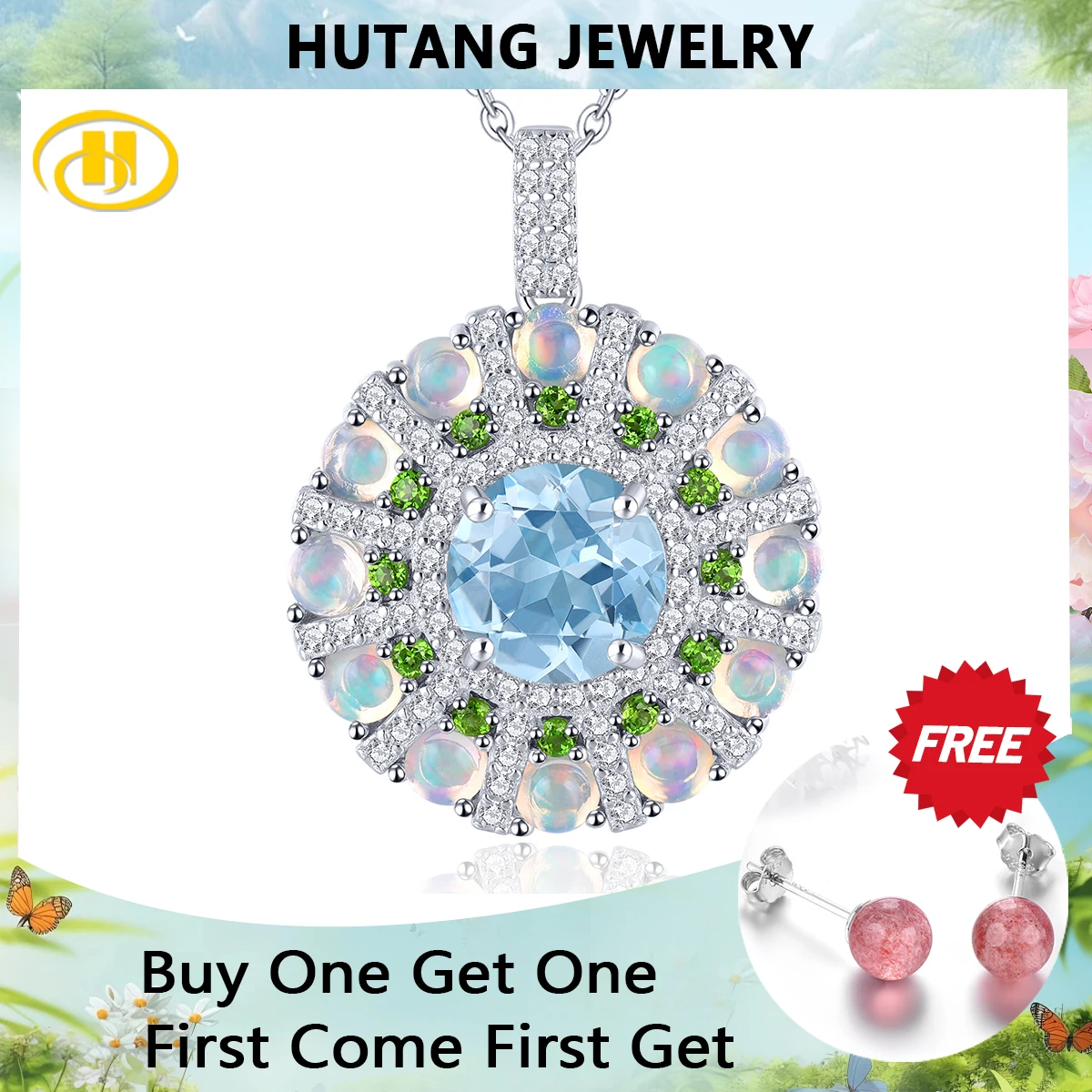 Natural Blue Topaz Silver Pendants 3.8 Carats Genuine Multicolor Gemstones Opal Diopside Women S925 Fine Jewelrys Top Quality