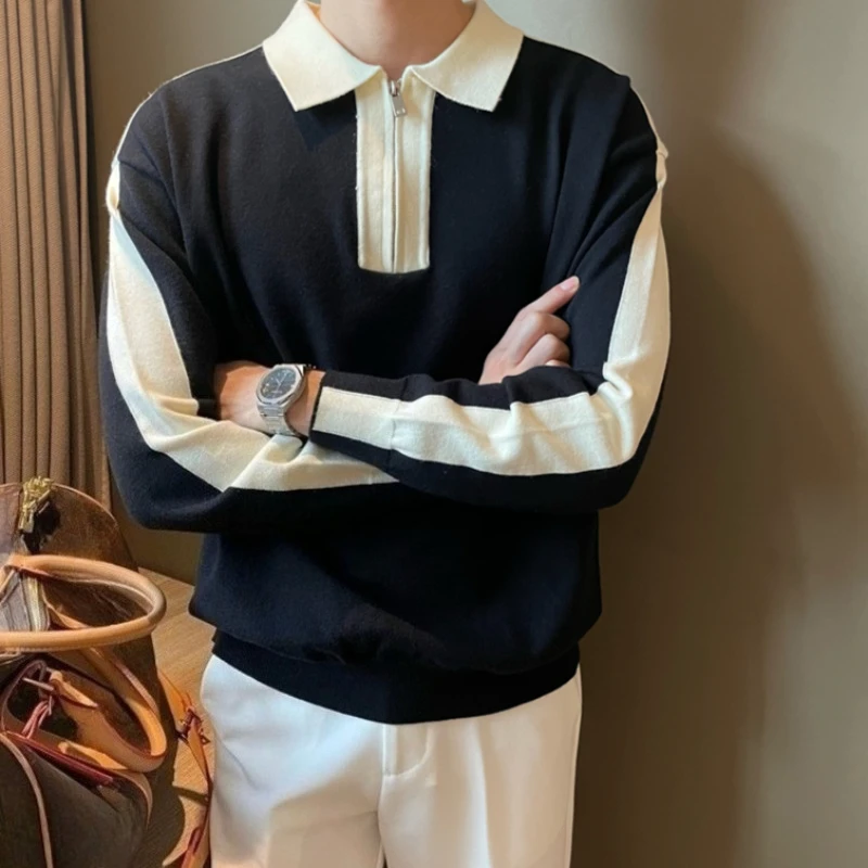 

Мужская осенне-зимняя рубашка-поло с длинными рукавами, вязаная, с цветными вставками, отложным воротником и короткой молнией, в повседневном уличном стиле