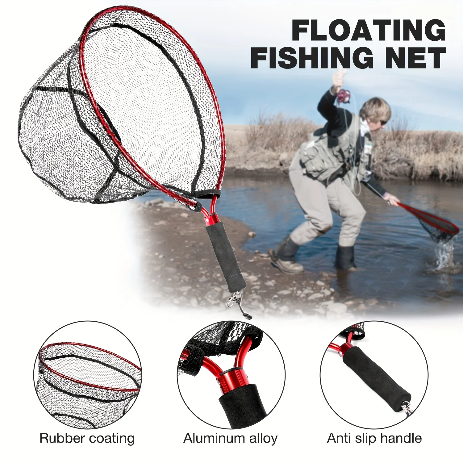 Aluminum Plunge Net Hand Fishing Net Fly Fishing Glue Coated Mesh Pocket Portable Fishing Net Fly Fishing Stream Plunge Net