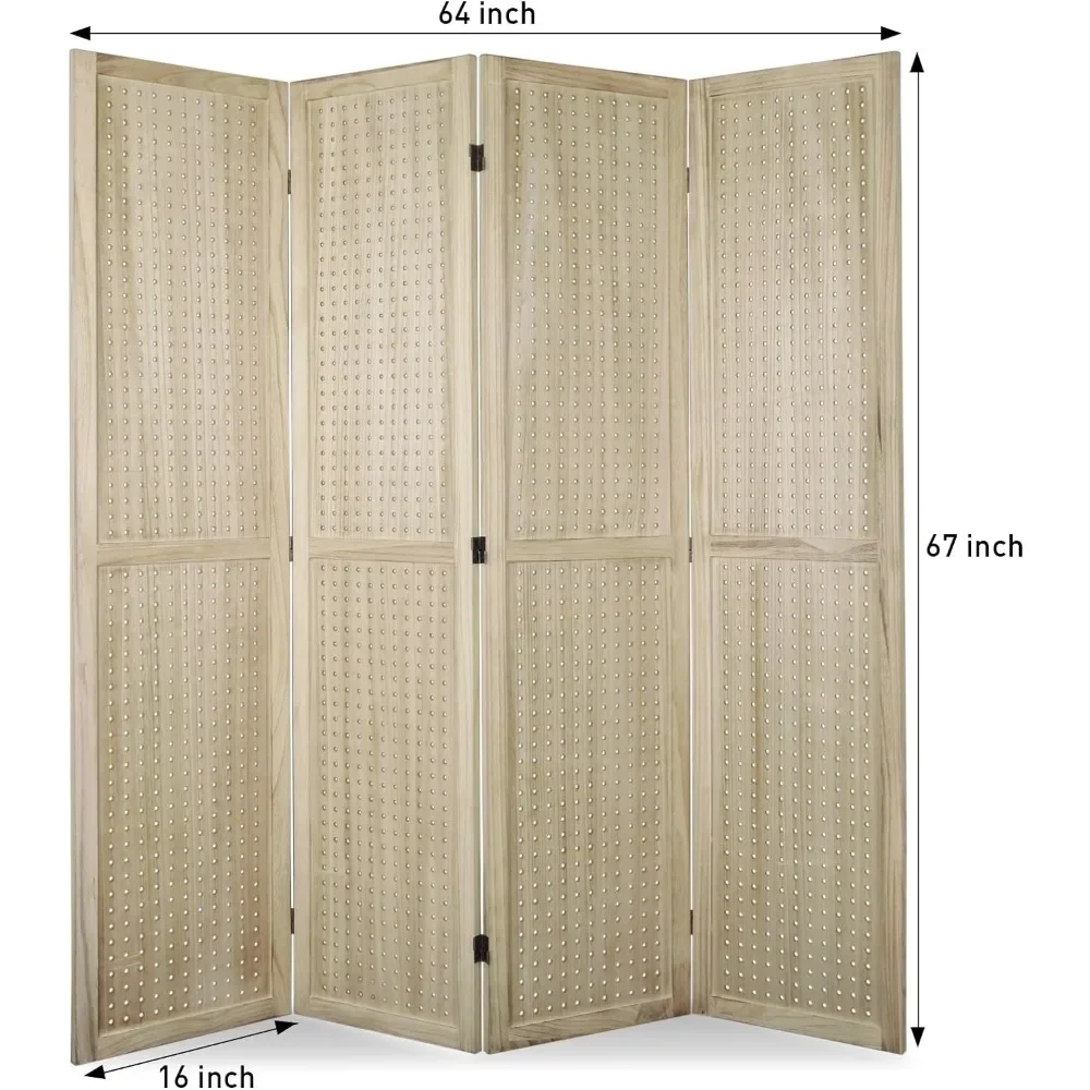 4 Panel Room Divider, 5.6Ft Pegboard Display Wooden Room Divider Folding Privacy Screen Freestanding Peg Board Display for Home