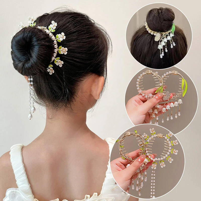 Elegant Lily Of The Valley Flower Pearl Rhinestone Tassel Ponytail Buckle Hair Bun Clips Hair Pins Women Girls Hair Accessories