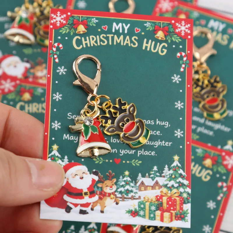 10/12pcs 2dChristmas Rudolph Reindeer Bell Keychain with Green Accents “My Christmas Hug” Greeting Card，Holiday party favors，Gif