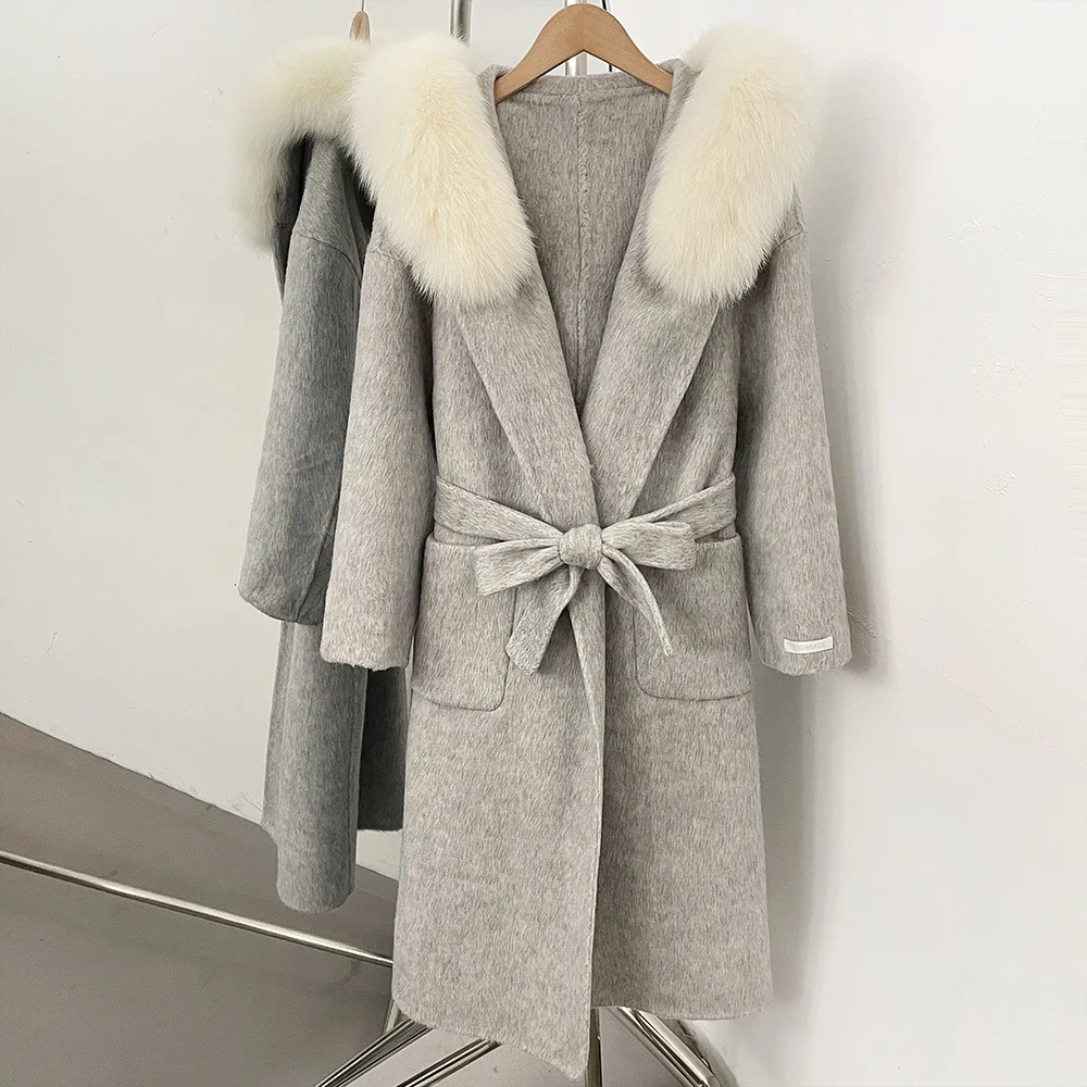 OFTBUY Luxuriöse Wolljacke mit Echtfellkragen und Kapuze, 100% Wollmantel für Damen, Neue Herbst-Winter-Lange Kleidung mit Natürlichem Fell – Detail 22