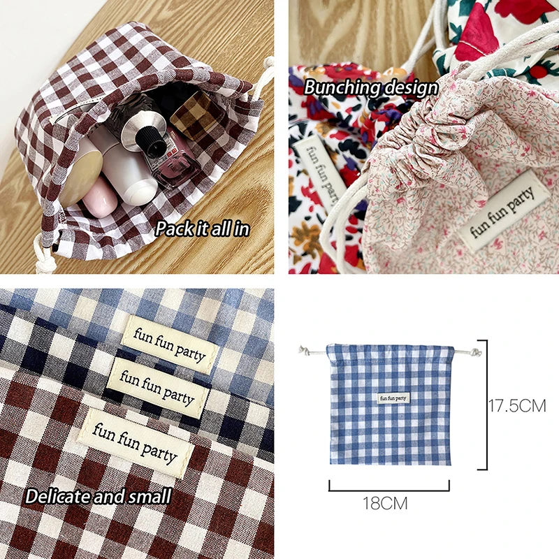 Cute Makeup Bag Multifunctional Cotton Plaid Storage Drawstring Bag For Women Portable Finishing Storage Pouch Candy Organizer