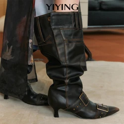 Vintage Designer Fashionable Heap Boots Women's 2025 Winter High Heel Knee Boots Elegant Pleated New Retro High Knights Boots