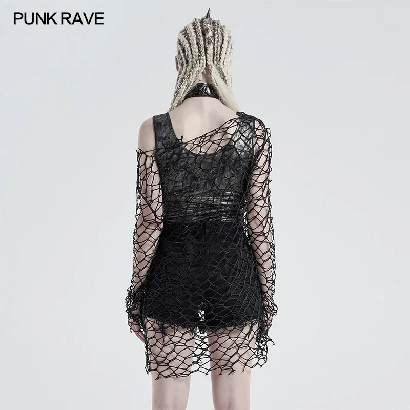 PUNK RAVE T-shirt a maniche lunghe a maglia larga quotidiana gotica da donna Punk semplice scava fuori prospettiva sexy top casual allentati da donna