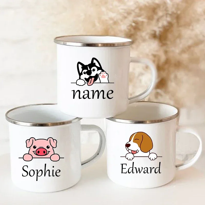 

Милые Креативные эмалевые чашки с животным принтом, индивидуальное название, чашка для кофе, молока, кружки в стиле ретро, семейный индивидуальный подарок для детей