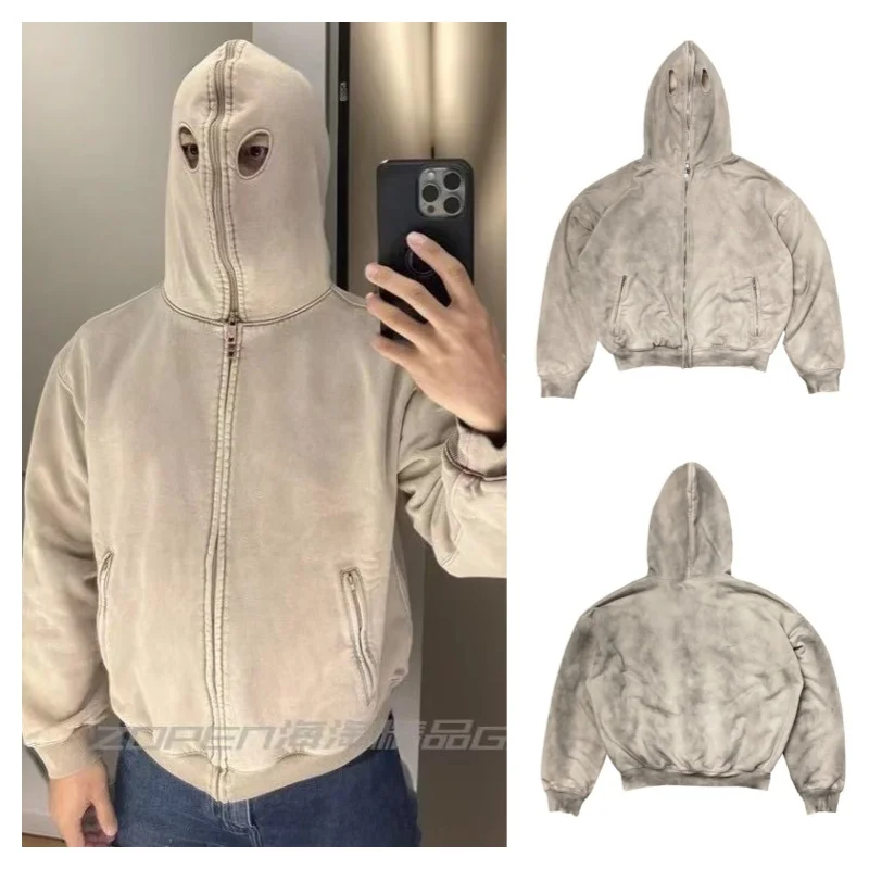 YZY Sason9 Heavyweight Double Washed Mask Zip Hooded Sweatshirt Winter New High Street Men's Women's Loose Hoodie