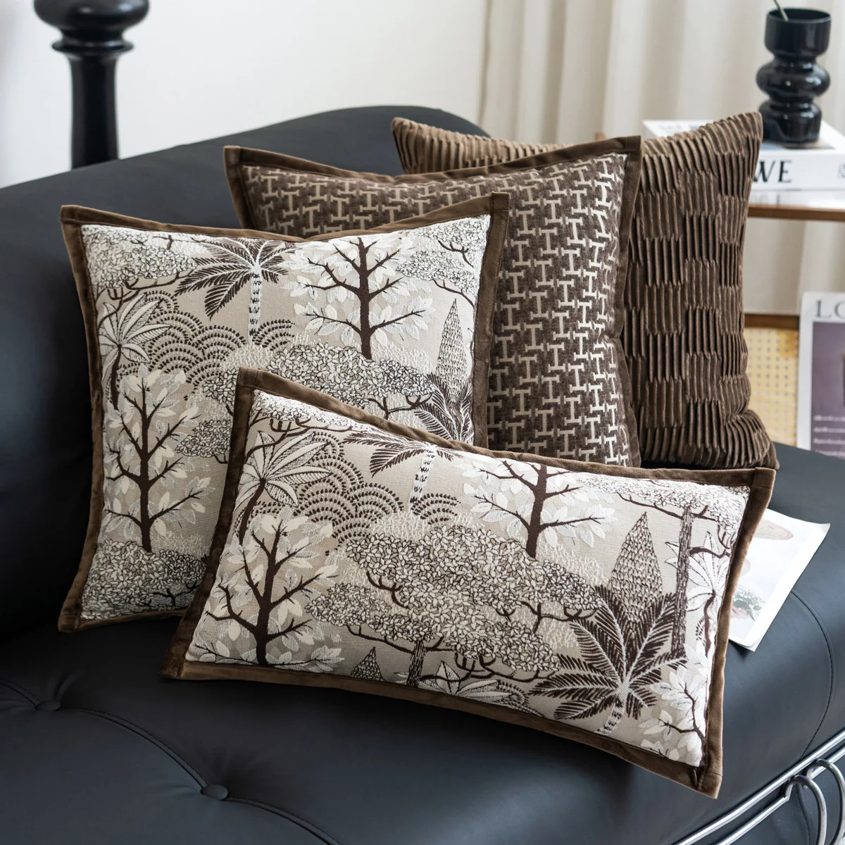 Vintage Brown Jacquard Cushion Cover Velvet Trim Palm Tree Geometric Pleated Decorative Throw Pillow Cover for Sofa Home Decor