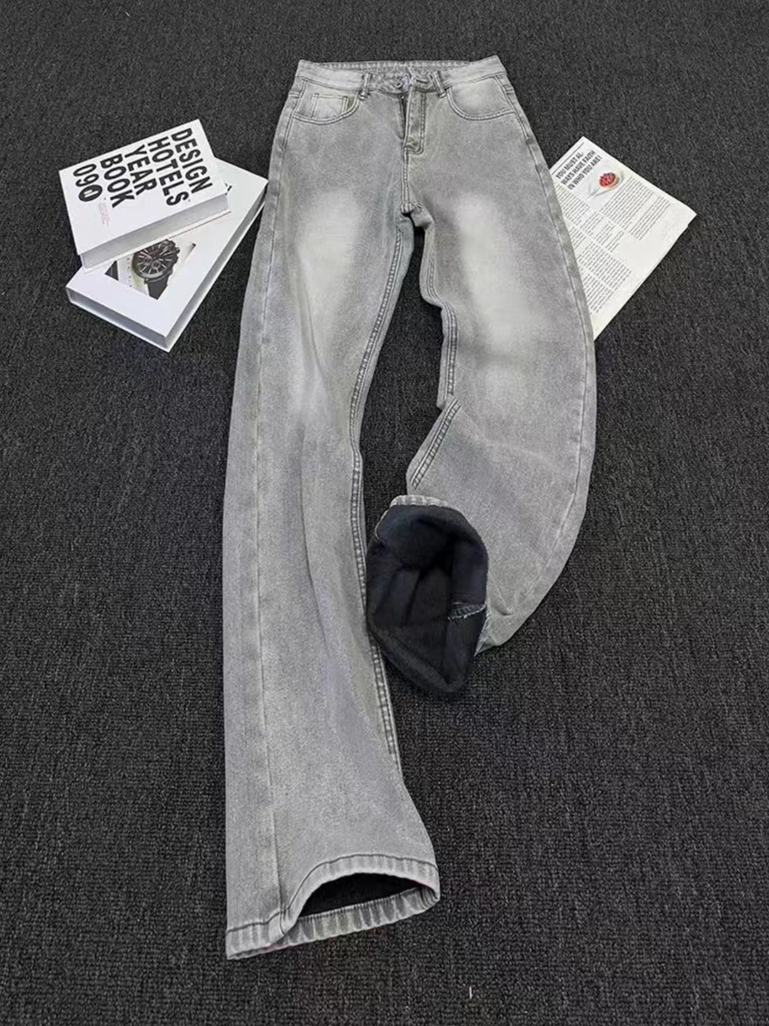 

Мужские джинсы прямого кроя с подкладкой из флиса, высокая посадка, облегающий крой, в американском уличном стиле, осень-зима