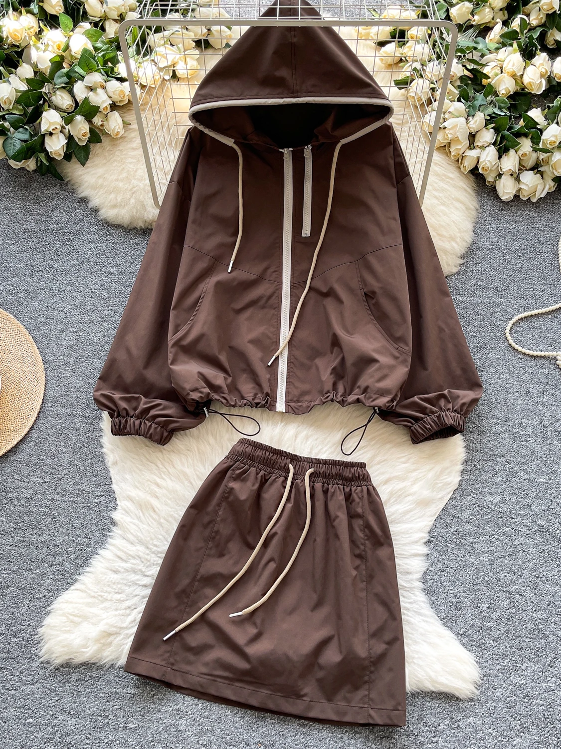 

Laid-ba Sle Повседневная свободная цветная юбка Blo Dstring Long Sve на молнии с защитой от солнца Jaet Комплект спецодежды с высокой талией