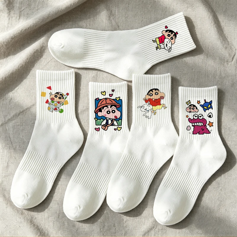 Crayons Shin-chans Mid-Tube Socks 1/5pairs Women Men Cotton Print Novelty Socks Cartoon Unisex All Seasons Absorb Sweat Socks