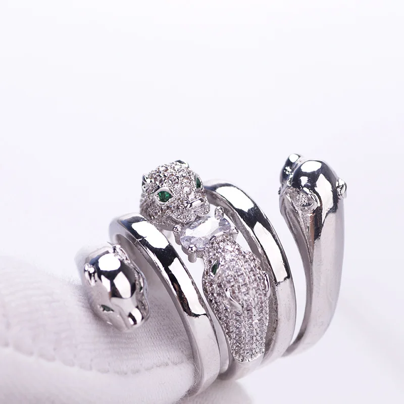 Europe America Fashion New Style Men Women Lady Inlaid Cubic Zircon Four Leopard Heads Silver Color Ring Size US6-US9 image 6