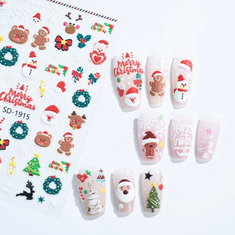 1 folhas em relevo natal floco de neve arte do prego adesivos papai noel adesivo decalques de unhas ano novo manicure suprimentos