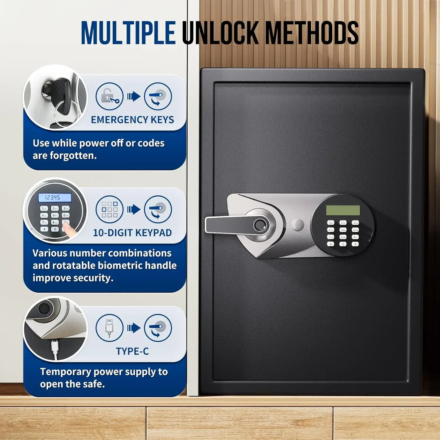 Large Home Safe Box 2.0 Cub Biometric Safe Fingerprint Recogntion Lock Box with Removable Shelf LED Light Fireproof Bag Wall Mou