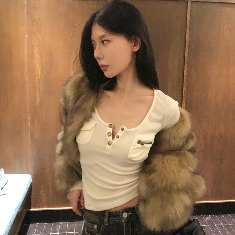 Genayooa Korean Vintage Cotton T Shirt Women Long Sleeve Skinny Y2k American Retro 90s Crop Tops Streetwear Pocket Tee Tops