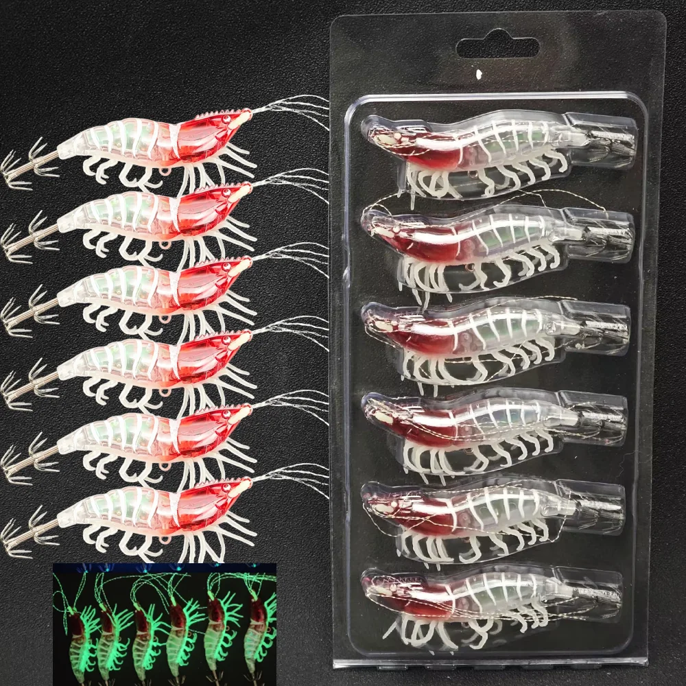 6-teiliges Set Simulierte Garnelen-Tintenfisch-Jigs Horizontales Egi-Set Leuchtender Angelköder UV-Leuchtender Eging-Köder Salzwasser-Sepia-Tintenfisch-Köder – Detail 1