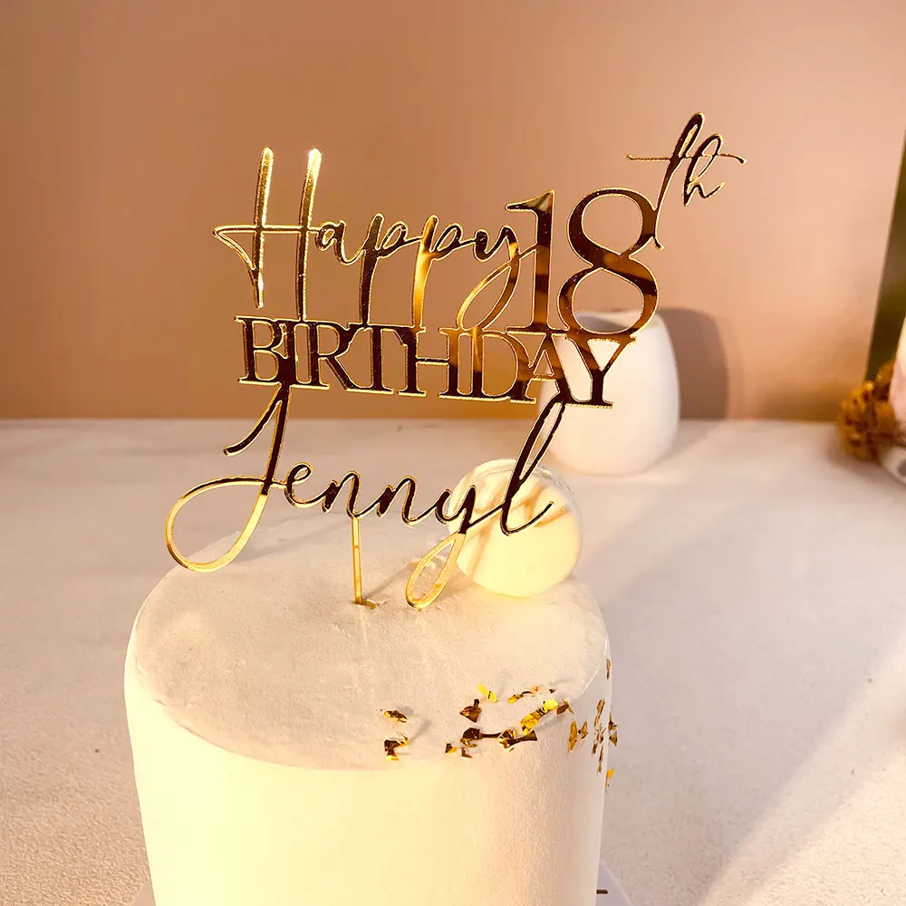 Personalized Happy Birthday Cake Topper Name + Age Cake Topper for Birthday Custom Mirror Gold Cake Toppers Rustic