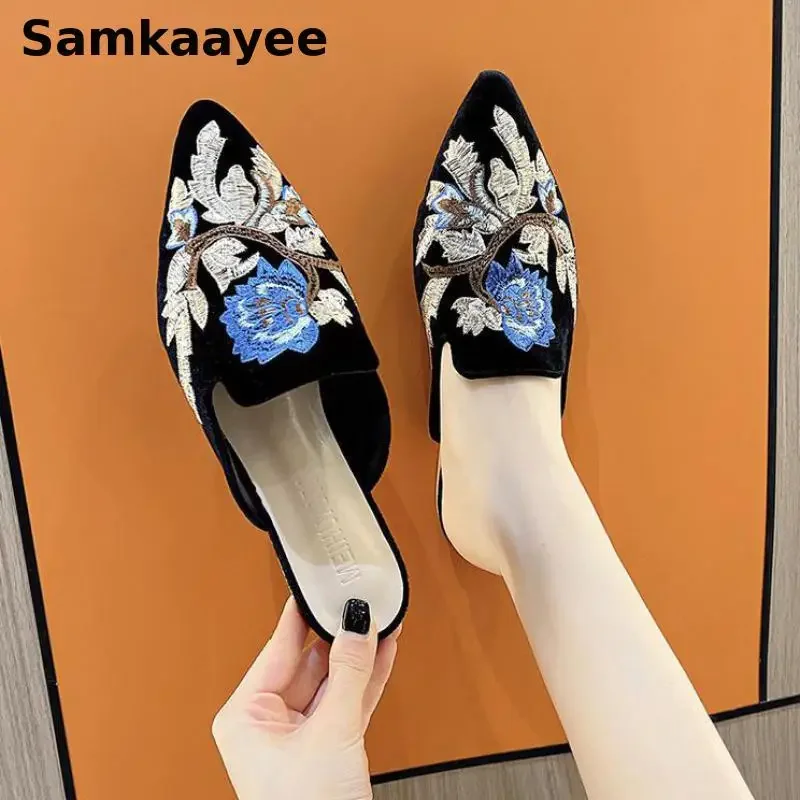 35-40 Womens Slippers Spring Autumn Female Flats Embroider Shoes Mujer Pointed Toe Zapatos Solid Soft Bottom Breathable Footwear