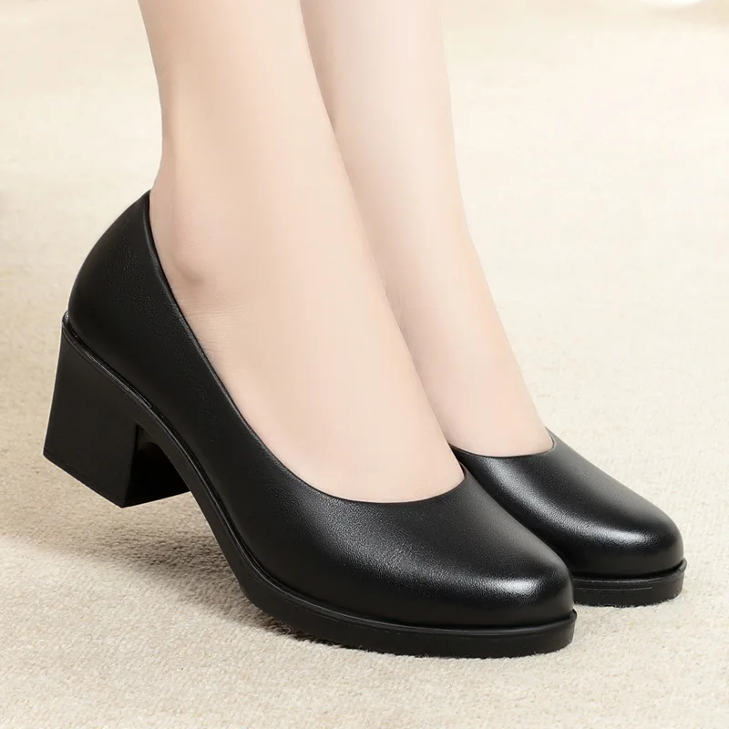 Autumn Women\'s High Heels Daily 5cm Square Heel Pumps Office Lady Black Leather Shoes Comfortable Soft Sole Slip-on Women Shoes