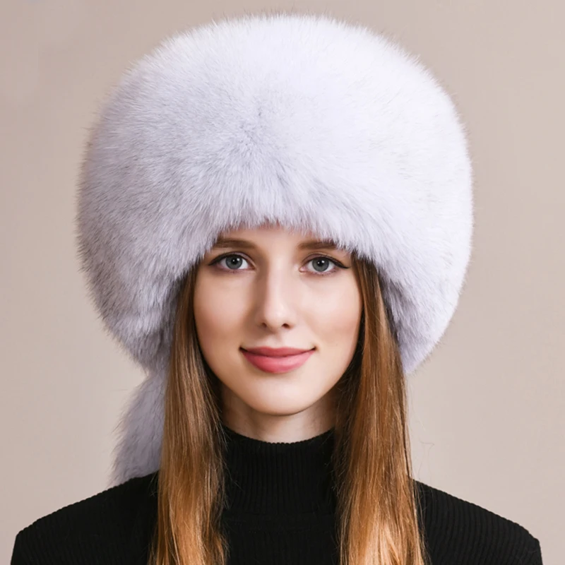 Winter Women Fox Fur Hat Fluffy Soviet Female Outdoor Warm Cap Snow Fur Hats 5 tails Real Fox Fur Cold Bomber Hats