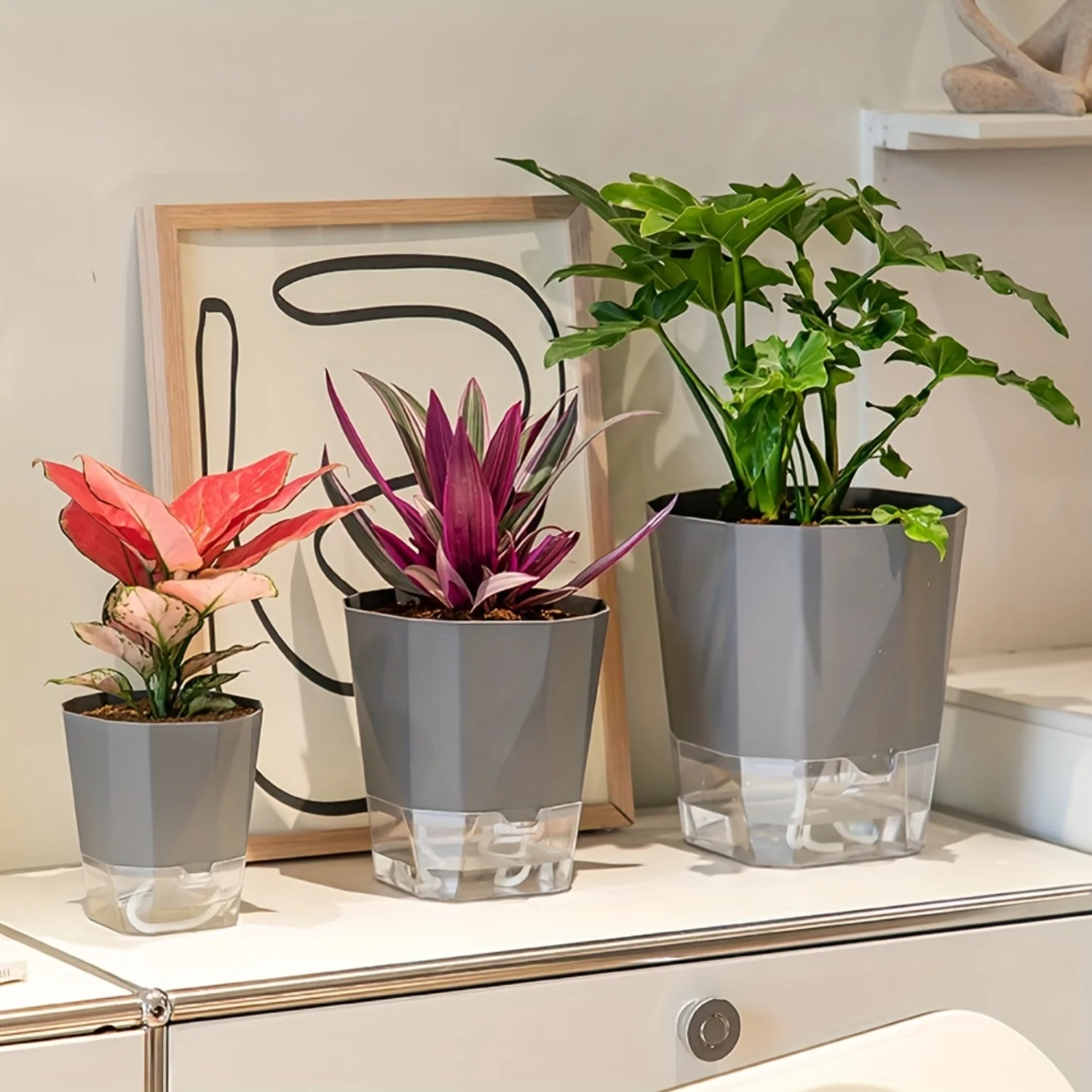 3-Piece Self-Watering Planter Set for Indoor Decor & Office Hydroponics - Automatic System, Durable Ropes, Built-In Reservoirs. 