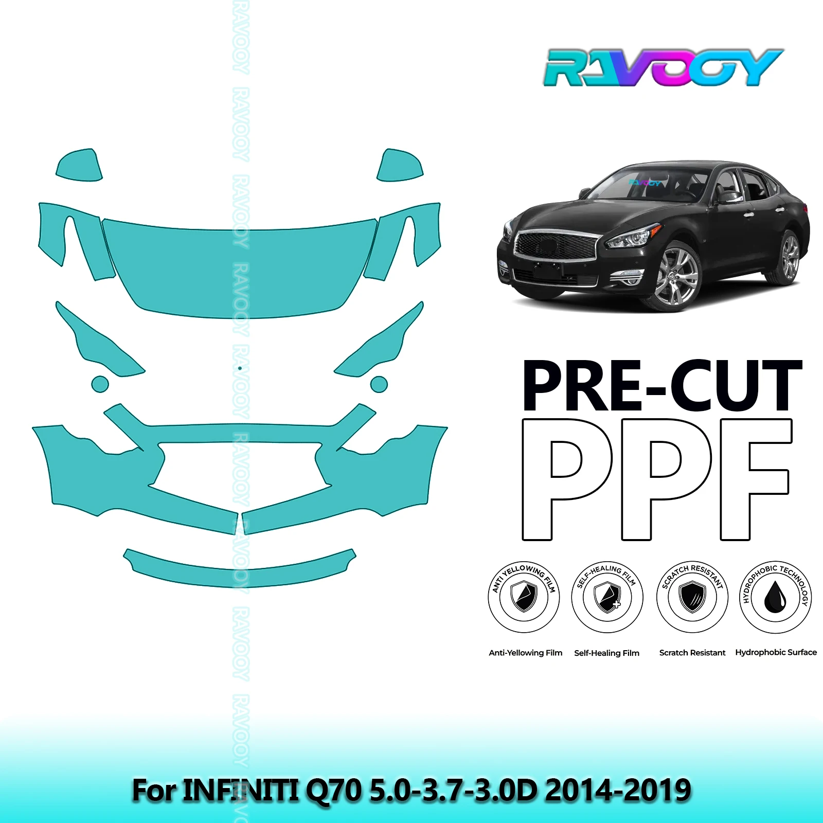 For INFINITI Q70 5.0-3.7-3.0D 2014-2019 Partial Front 8.5Mil Pre-Cut Paint Protection Film PPF Clear Bra Kit | Clear/Matte/Black
