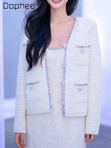 الفرنسية الخفيفة الفاخرة أنيقة الخامس الرقبة مطرز حجر الراين واحدة الصدر معطف طويل الأكمام المرأة موضة الراقية فضفاض معطف نحيف #1