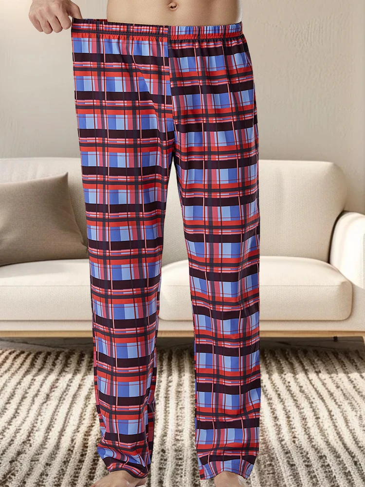 Men\'s fashion home plaid pajama trousers large size loose elastic waist breathable trousers trousers set loungewear