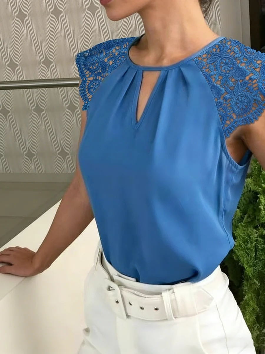 Women's Tank Top Spring Summer Royal Blue Lace Trim Keyhole Neck Sleeveless Blouse Valentine's Day Elegant Casual Office Top