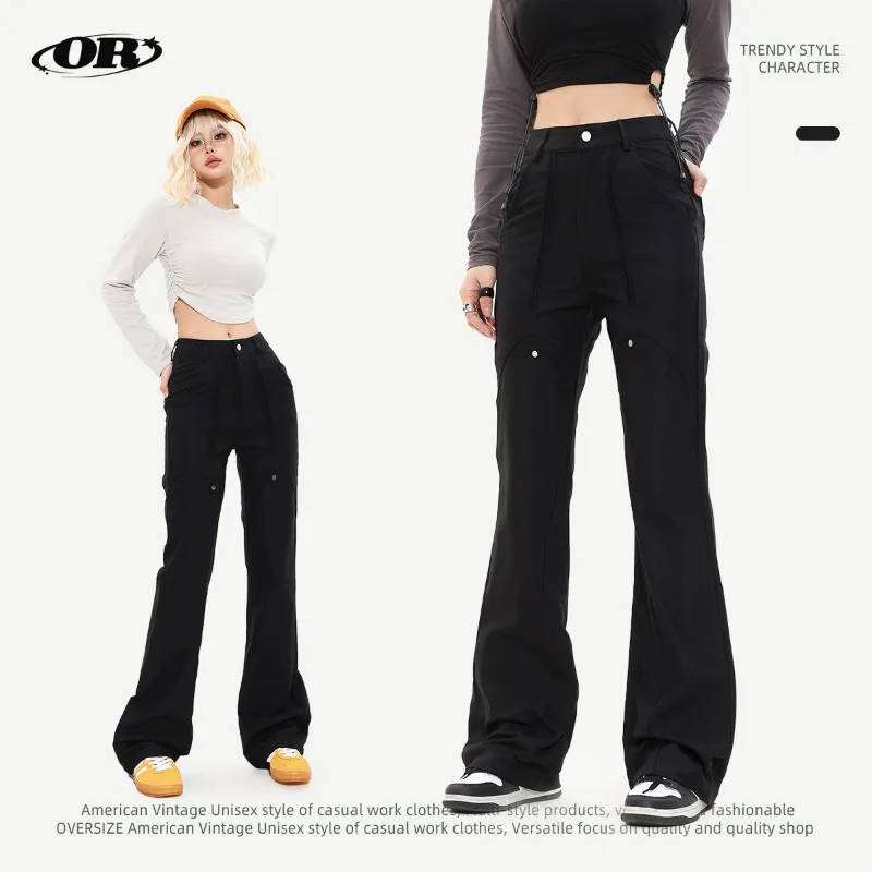 

OR FL Women's American Streetwear Brand Wei La Suit Pants Vibe Staraight Drooping Sensation Retro Black Slacks Trousers Y2k