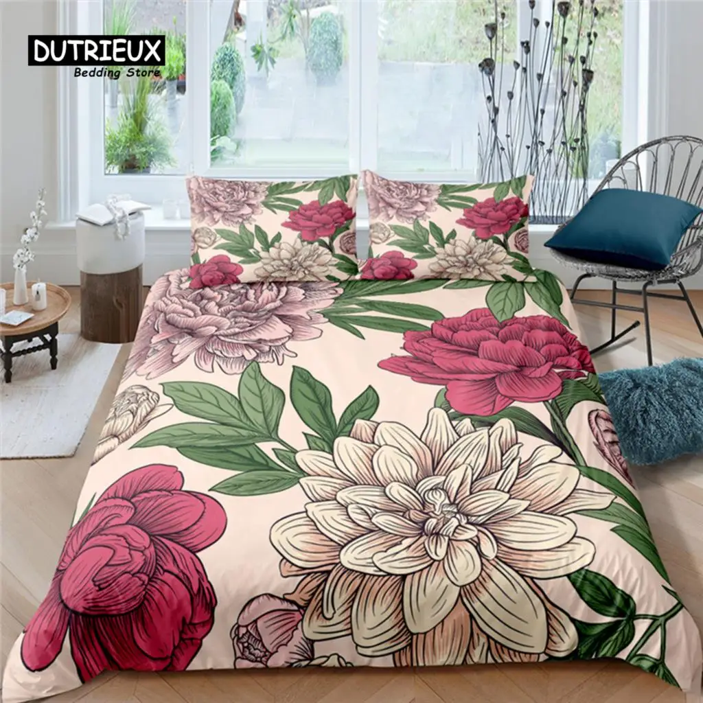 Home Living Luxury Peony Flower Print 2/3Pcs Duvet Cover Set Pillowcase Queen Size and King Size Kid Bedding Set EU/US/AU Size