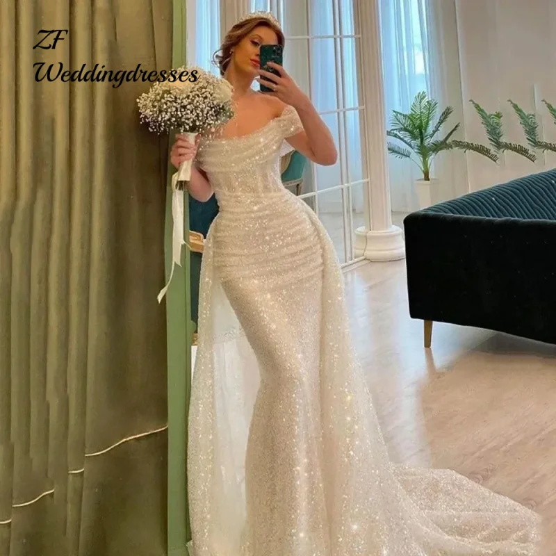 Maßgeschneiderte weiße Glitzer-Meerjungfrau-Hochzeitskleider, glänzende Pailletten, Brautkleid, abnehmbarer Zug, schulterfrei, Vestido De Novia
