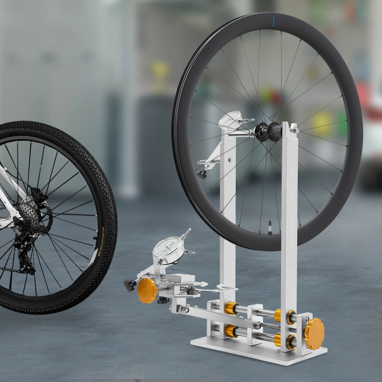 

Профессиональная компактная подставка для проверки велосипедных колес, конструкция из алюминиевого сплава и стали с 3 калибрами для MTB, шоссейных, BMX, электронных велосипедов
