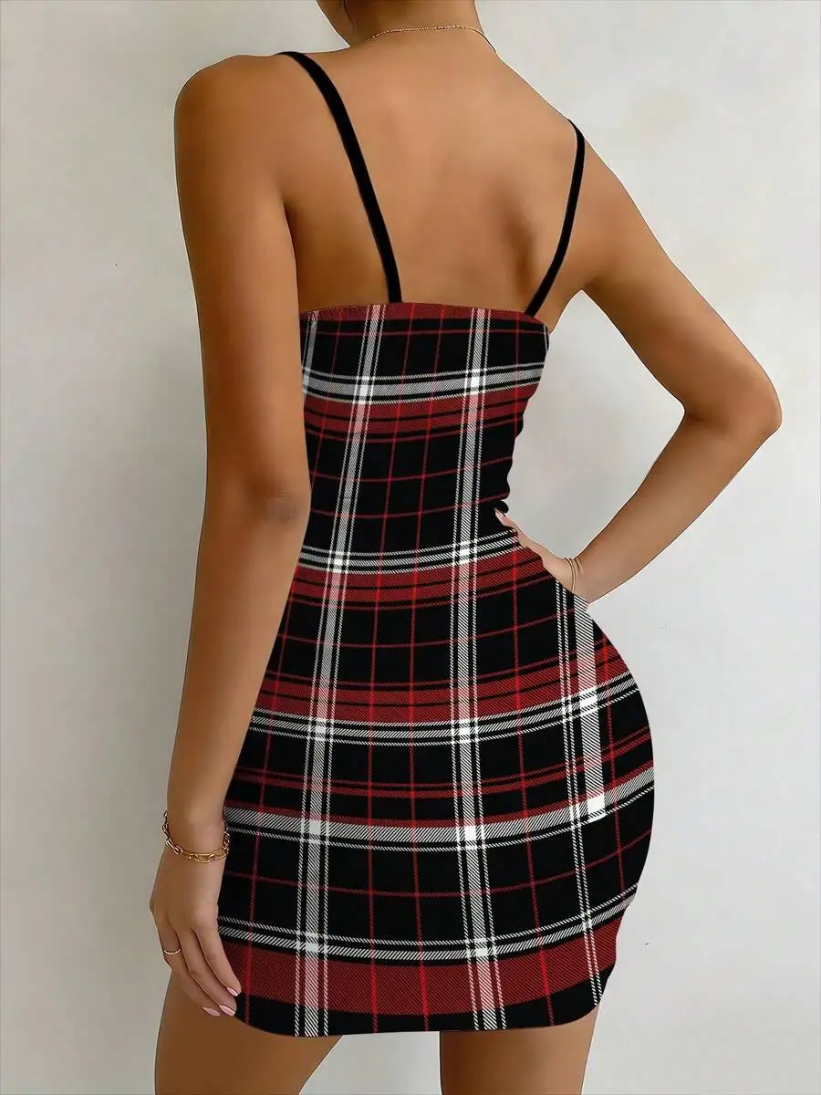

Plaid Strap Dress For Women Casual Knitted Mini Dress With Thin Straps