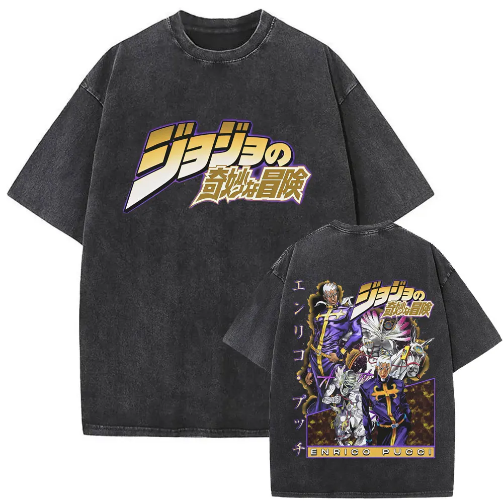 Washed Vintage Anime JoJo Bizarre Adventure Weather Report Double Sided Print T Shirt Men Women Cartoon Retro Oversized T-shirt