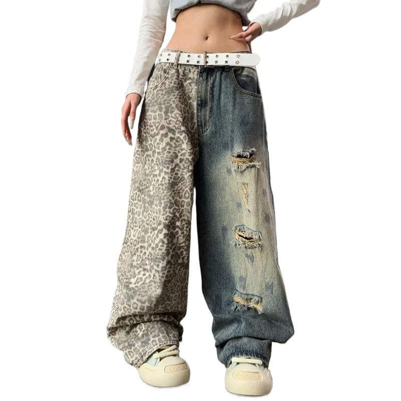 Fashion High Street Destroyed Jeans Pants Streetwear Ripped Denim Trousers With Leopard Patchwork Loose Fit Vibe Style Jeans