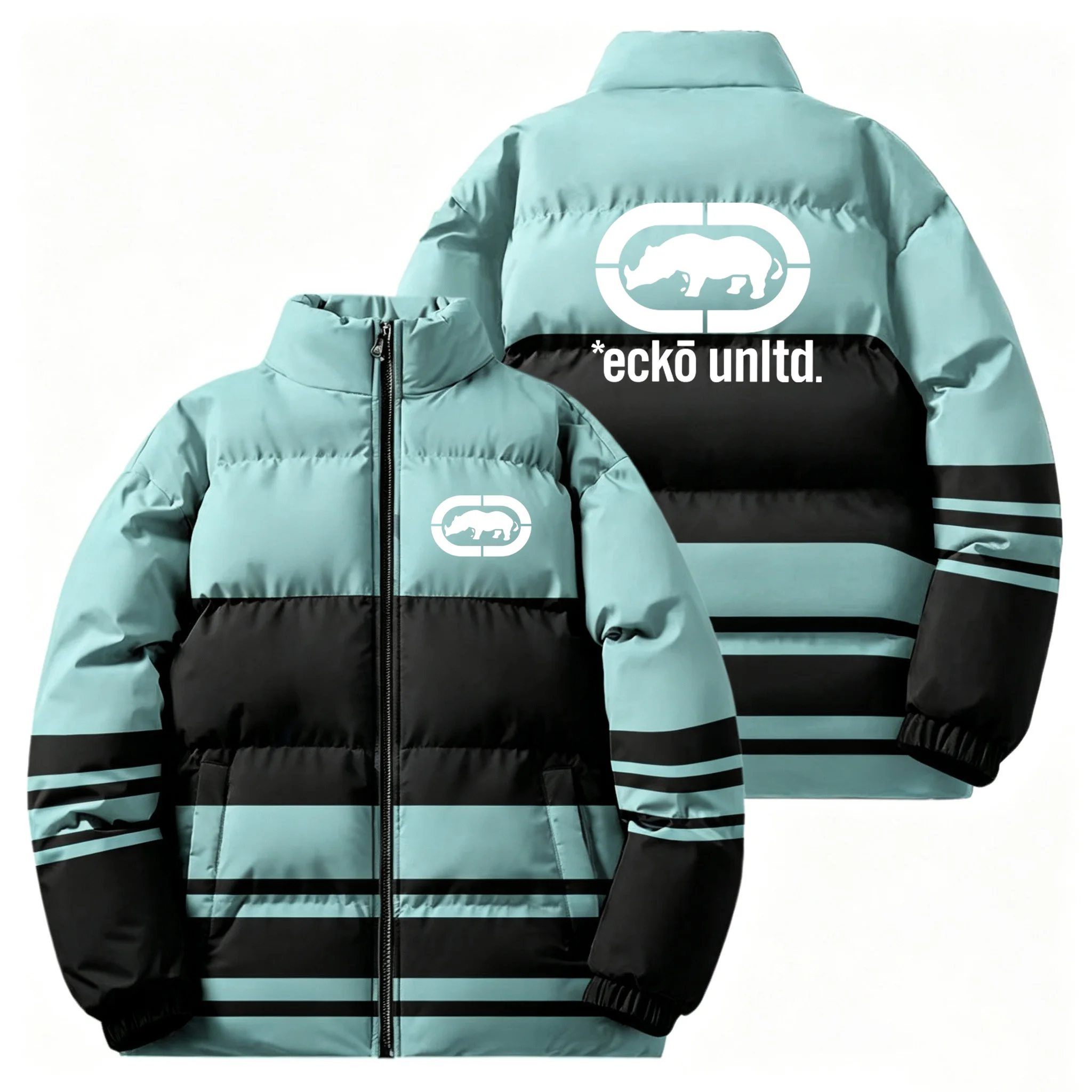 Men Ecko Unltd Rhino Logo Winter Padded Jacket Black‑White‑Red Color‑Block Zip‑Up Warm Stand Collar Outerwear Hip‑Hop Street Coa